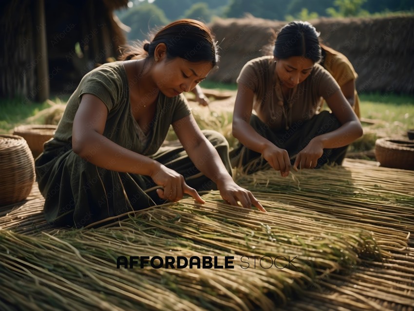 Two women weaving with straw
