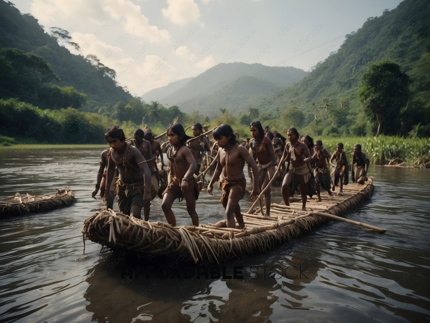 A group of indigenous people are crossing a river on a raft