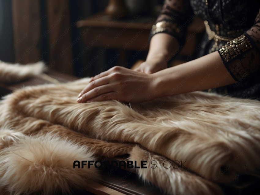 A person is touching a fur coat