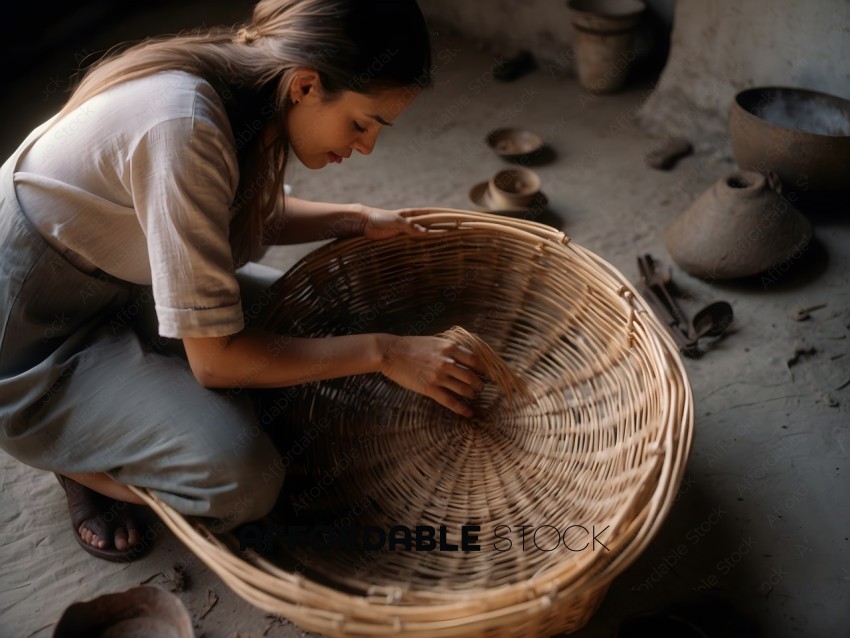 A woman wearing a white shirt is sitting on the floor and working on a woven basket