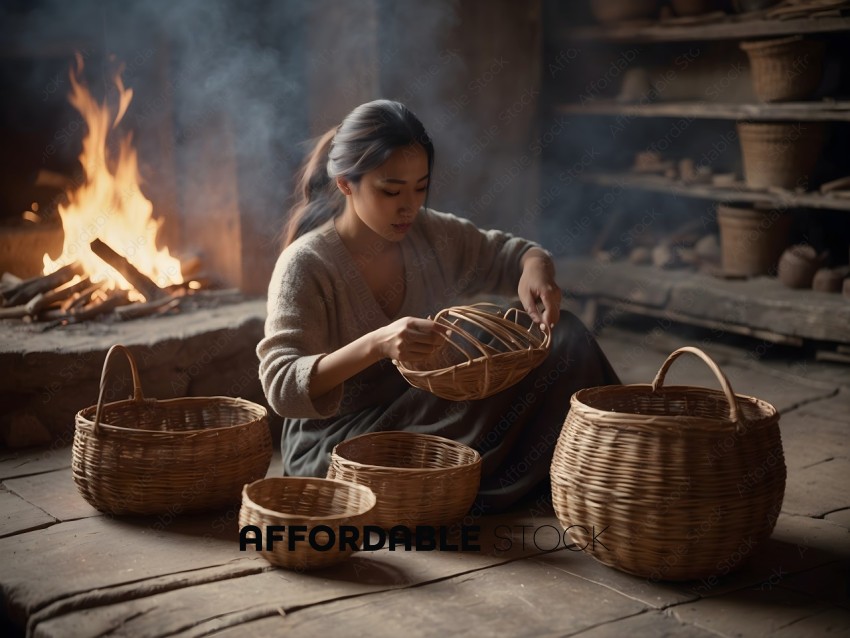 A woman sitting on the floor weaving baskets