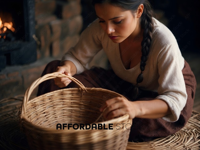 A woman wearing a white shirt and braided ponytail is sitting on the floor and weaving a basket