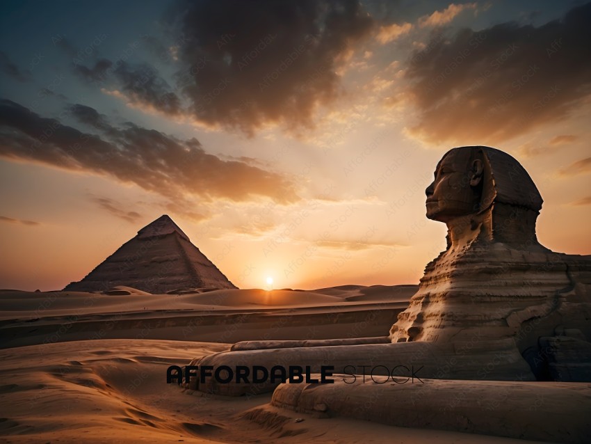 A sunset with a pyramid and a statue of a pharaoh