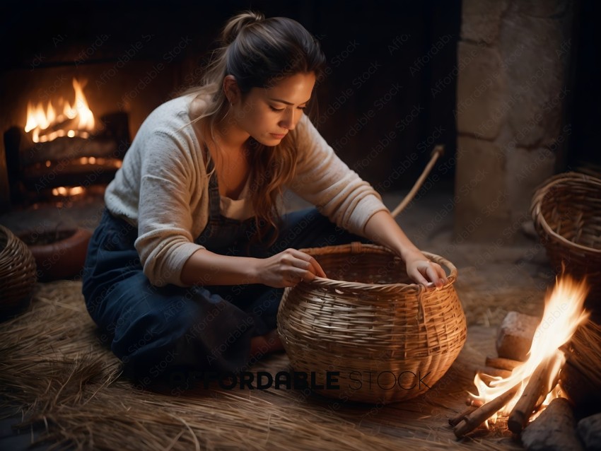 A woman sitting on the floor weaving a basket