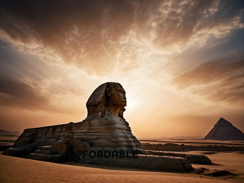 A majestic Sphinx statue in the desert at sunset