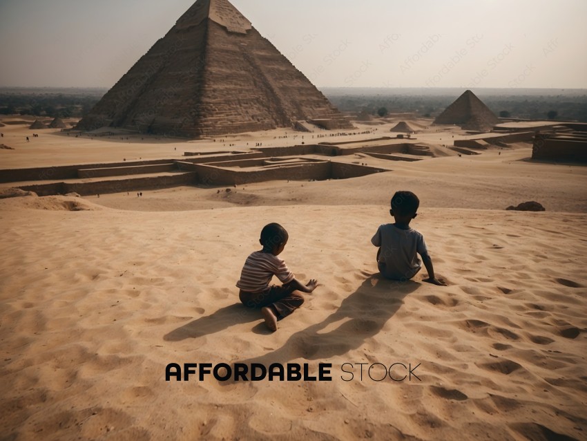 Two children sitting in the sand with a pyramid in the background