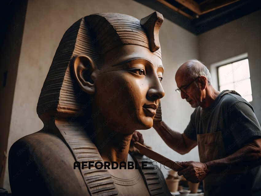 A man working on a sculpture of an Egyptian pharaoh