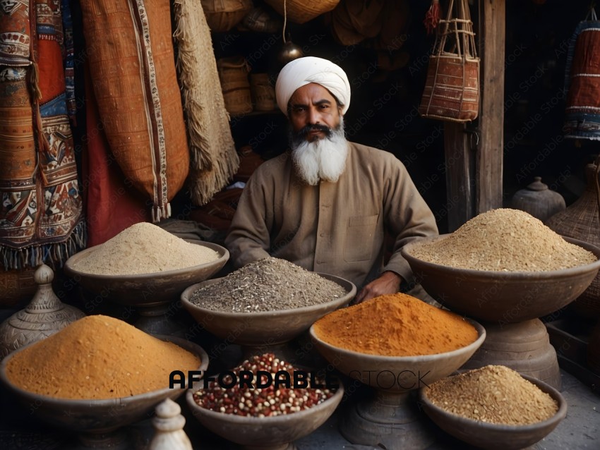A man with a beard and a white turban sits in front of bowls of spices