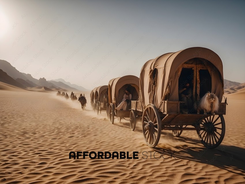 A group of people riding in a wagon in the desert