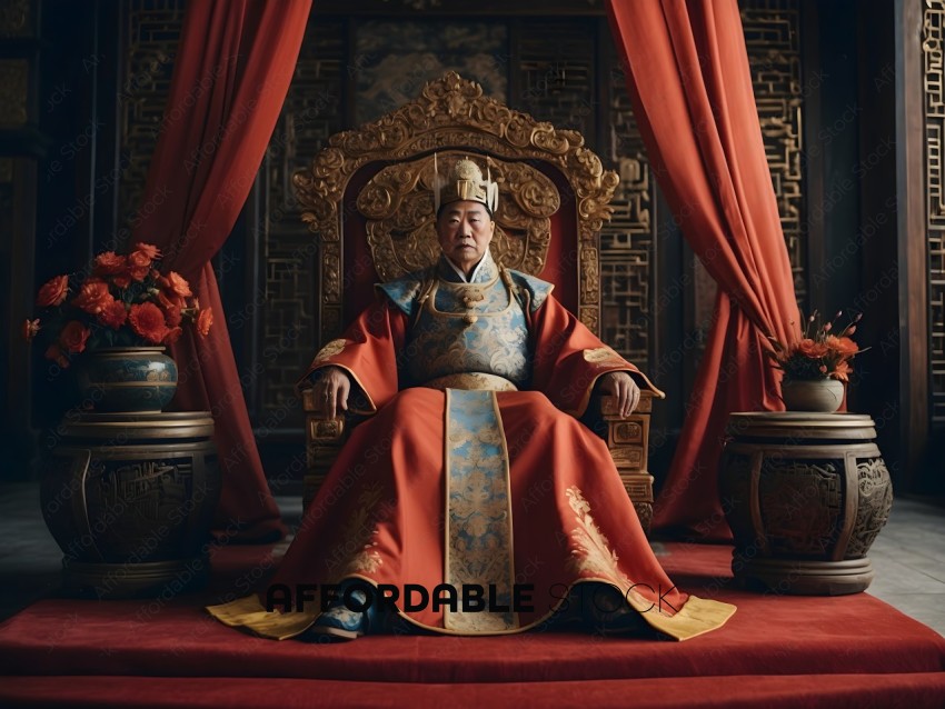 An Asian man in a red and gold robe sits on a throne