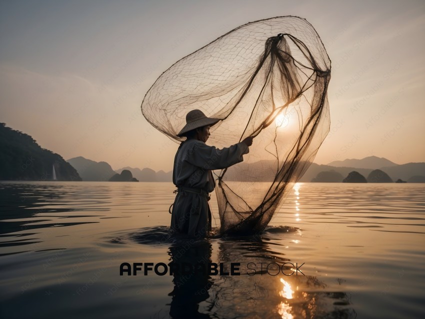 A fisherman in a hat and long pants holds a net in the water
