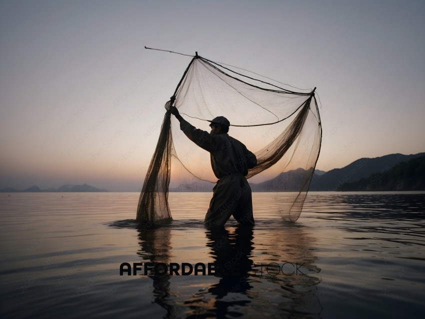 A man in a fishing boat holding a net