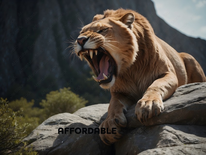 A lion roars on a rock