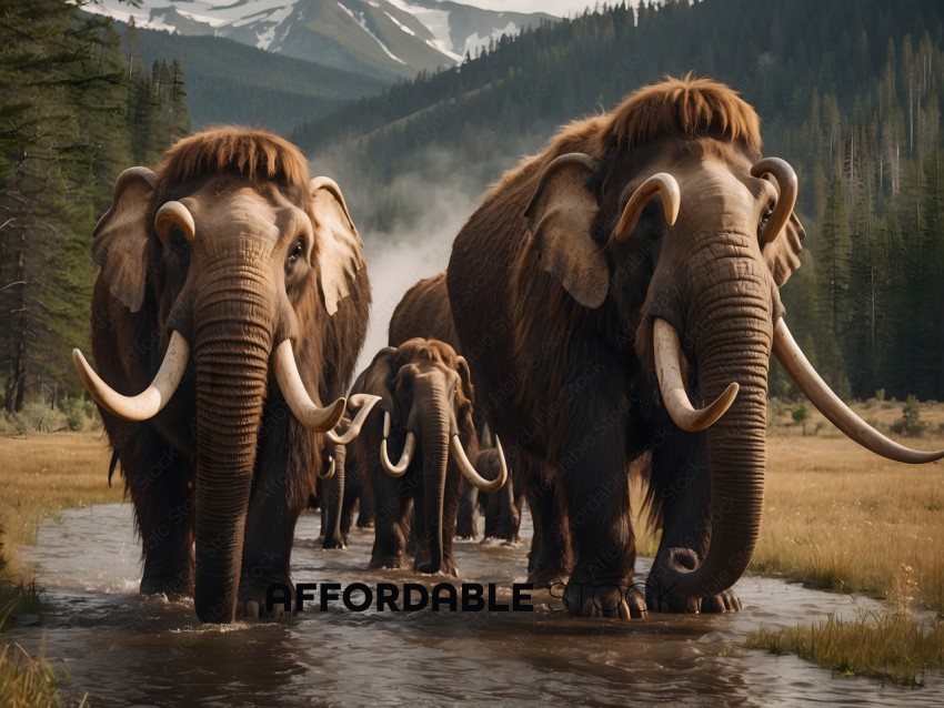 Elephants walking through a river