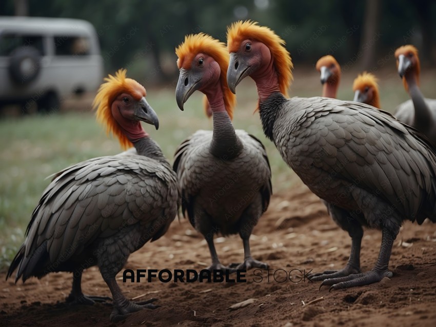 A group of birds with orange beaks standing in the dirt
