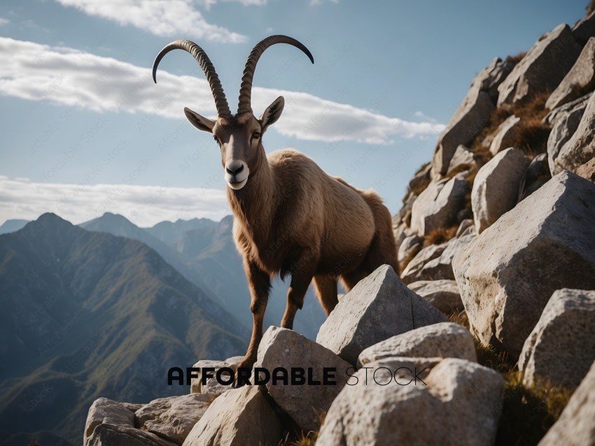 A ram with large horns standing on a rocky cliff