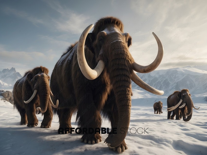 A herd of wooly mammoths in the snow