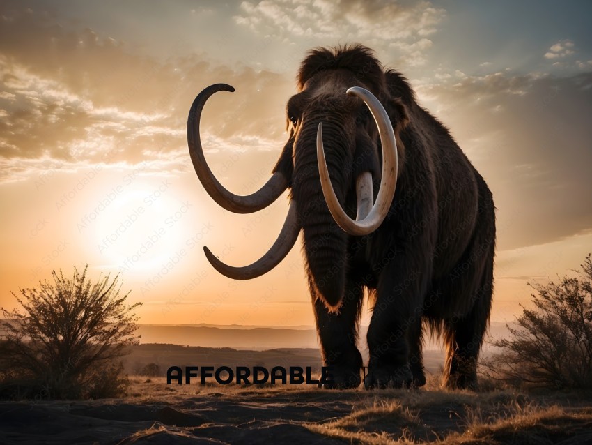 An elephant with tusks standing in front of a sunset
