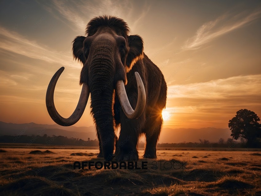 An elephant with tusks standing in a field at sunset