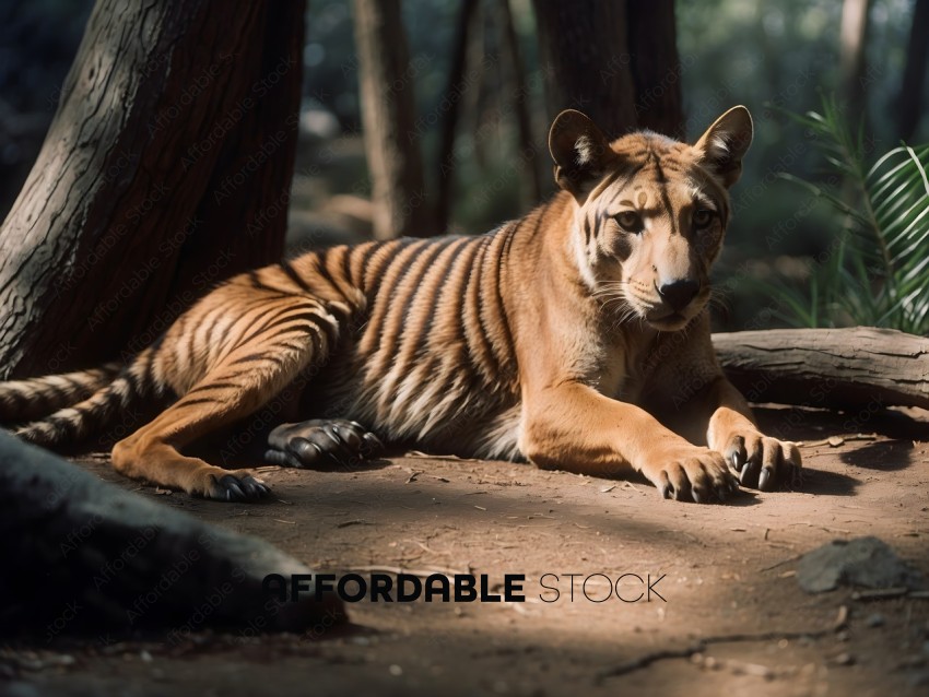 A tiger lays on the ground in the shade