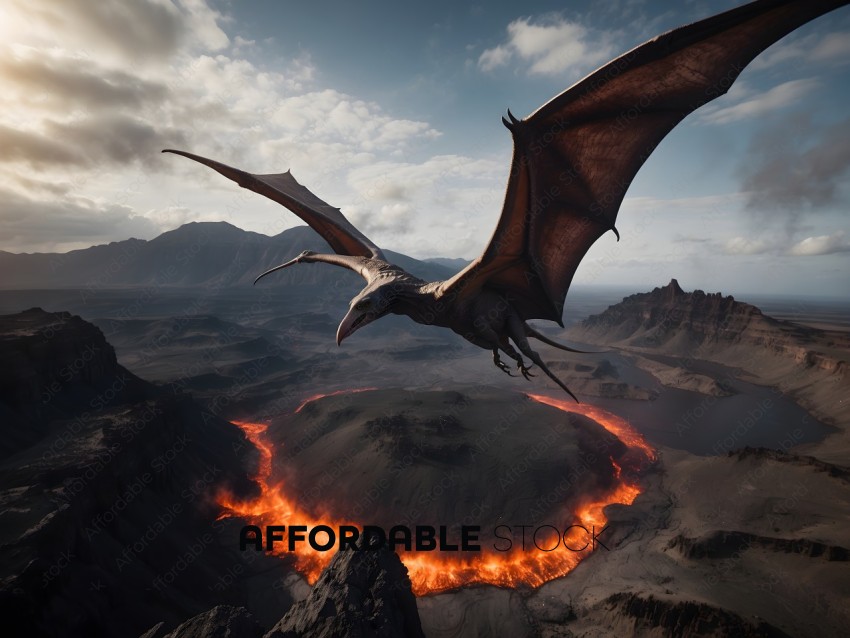 A bird flies over a volcanic landscape