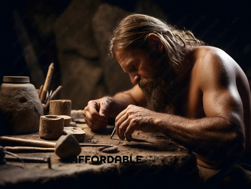 A bearded man working with tools