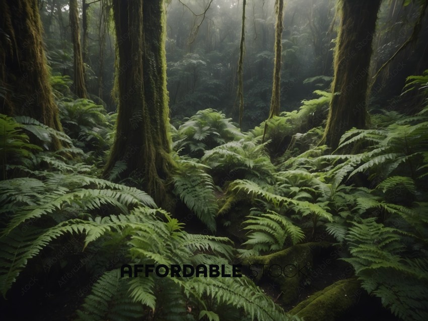 A dense forest with mossy trees and ferns