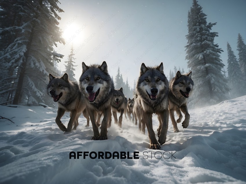 A pack of wolves running through the snow