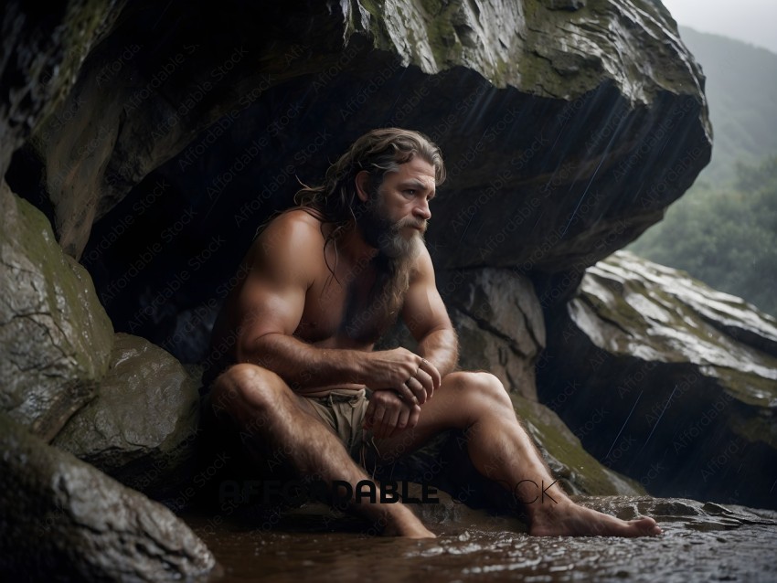 Man with long beard and hair sitting in a cave
