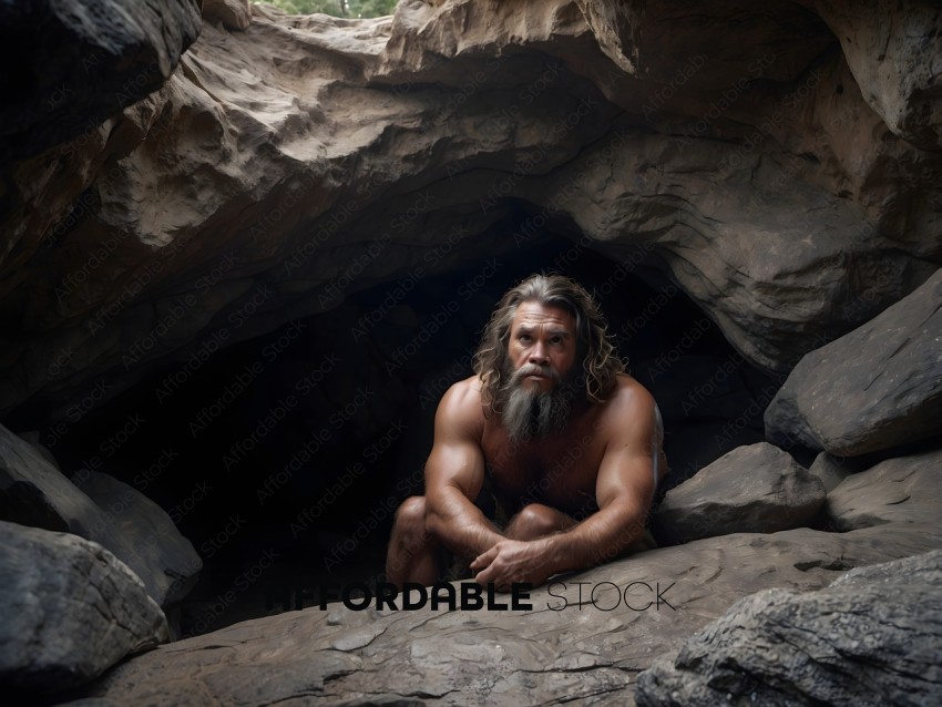 A man with a beard and long hair is sitting on a rock