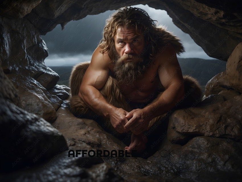 A man with a beard and long hair is sitting in a cave