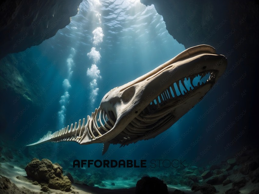 A skeleton of a whale is seen underwater