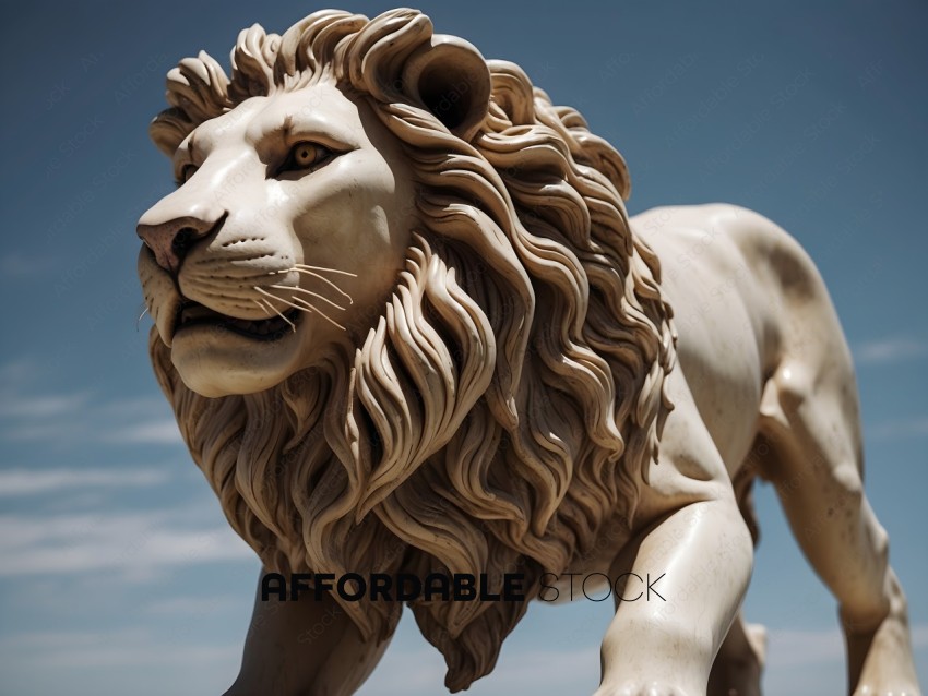 A white lion statue with a blue sky in the background