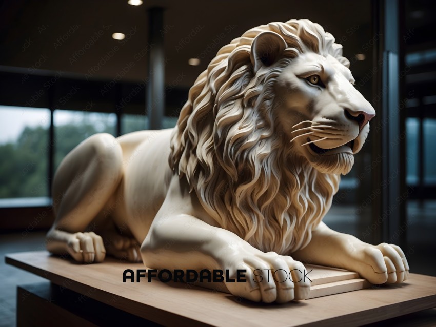 A white lion statue on a wooden base