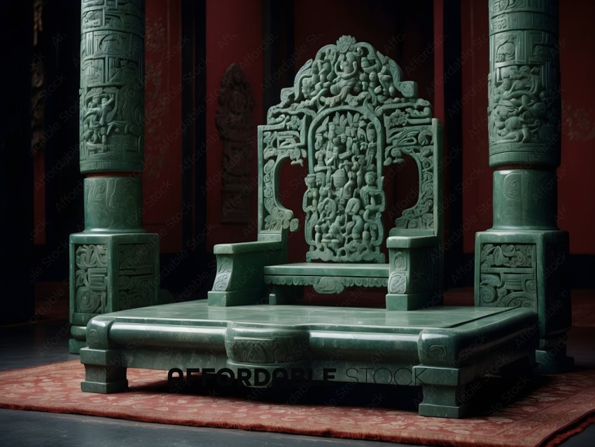 A green chair with intricate carvings