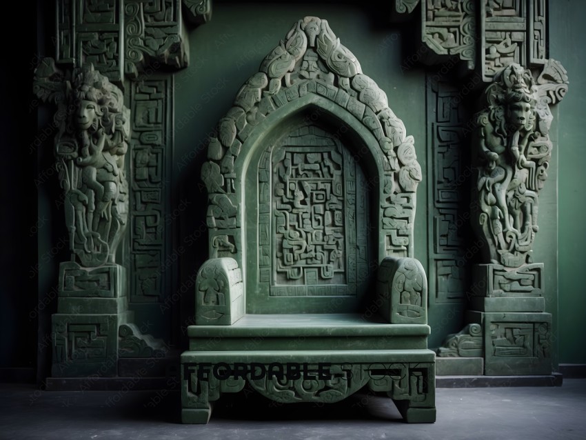 A green bench with a carved design