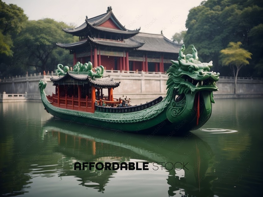 A dragon boat with a green dragon head and a red building in the background