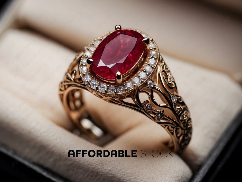 A gold ring with a red gemstone and diamonds