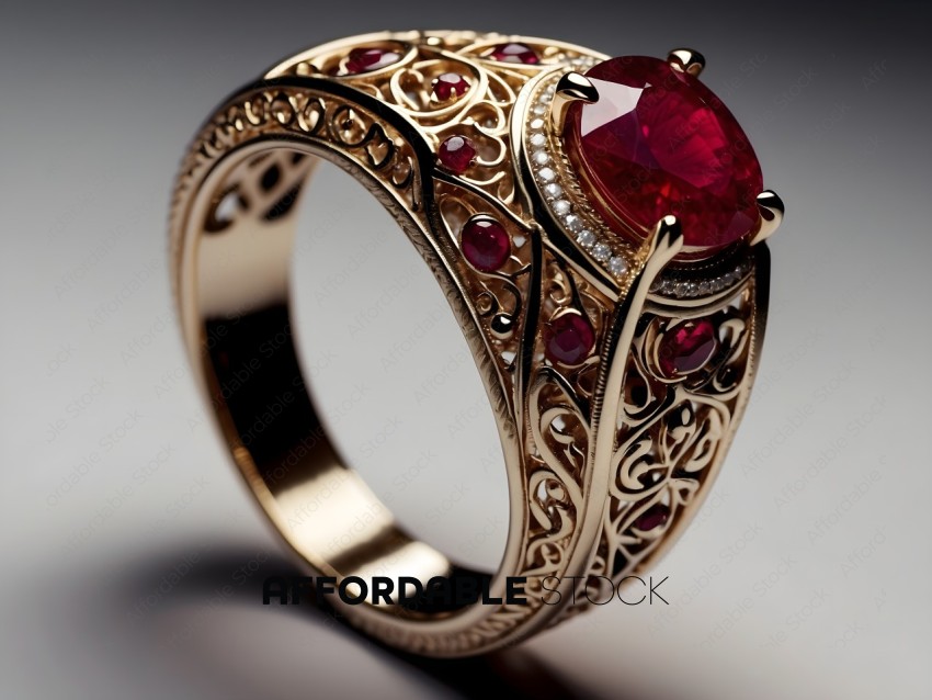 A gold ring with a red gemstone