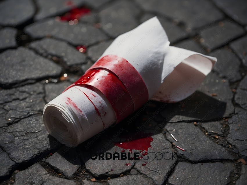 A bloody napkin on a cracked sidewalk