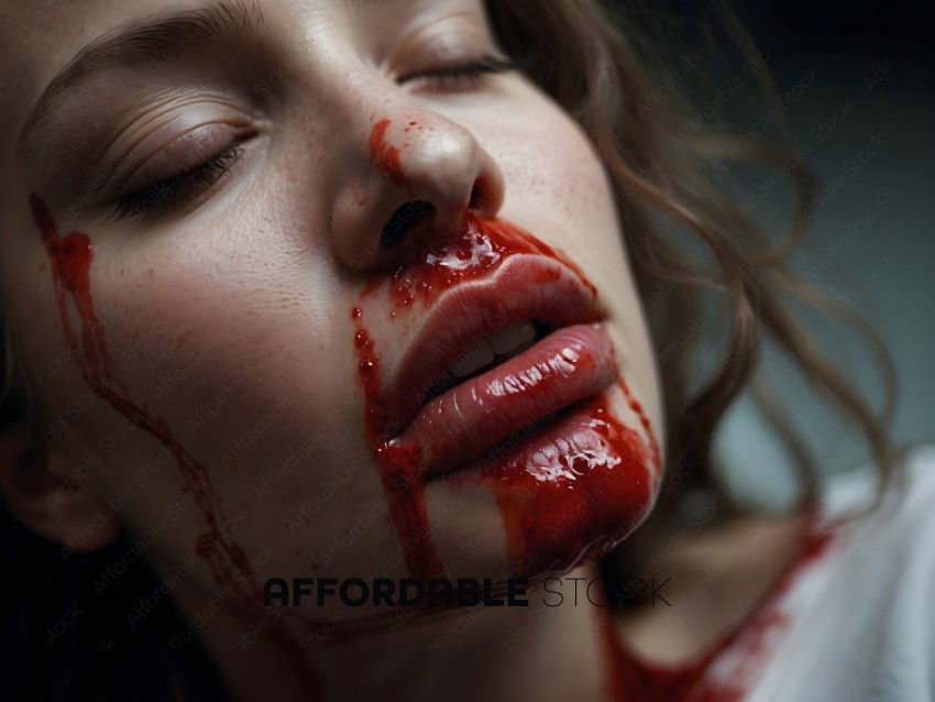 A woman with a bloody lip and a red substance on her face