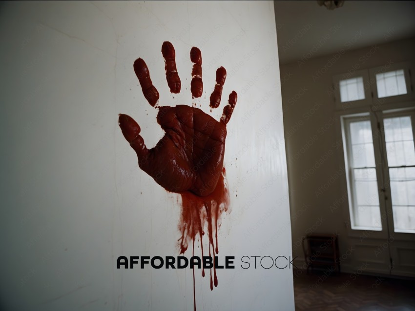 A bloody handprint on a white wall