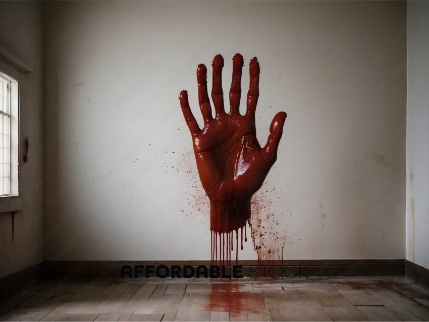 A hand painted with blood on a wall