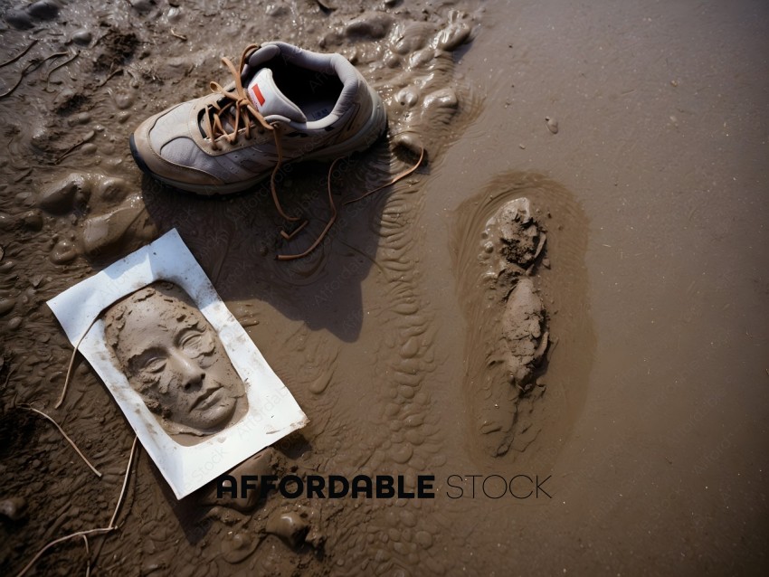 A shoe and a footprint in the mud
