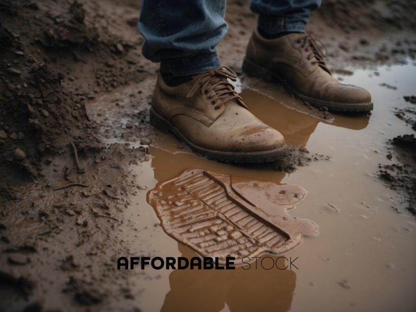 A pair of brown shoes standing in muddy water