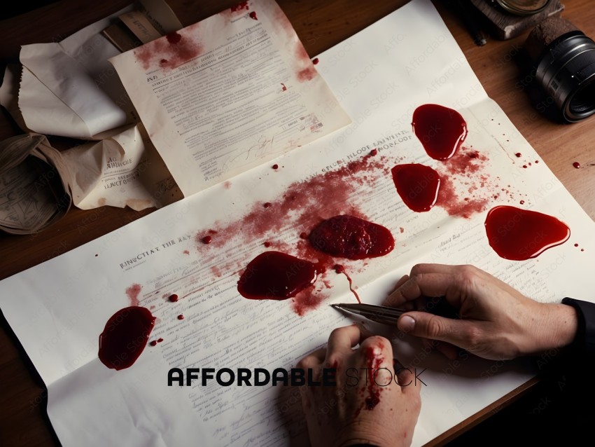 A person writing on a paper with blood
