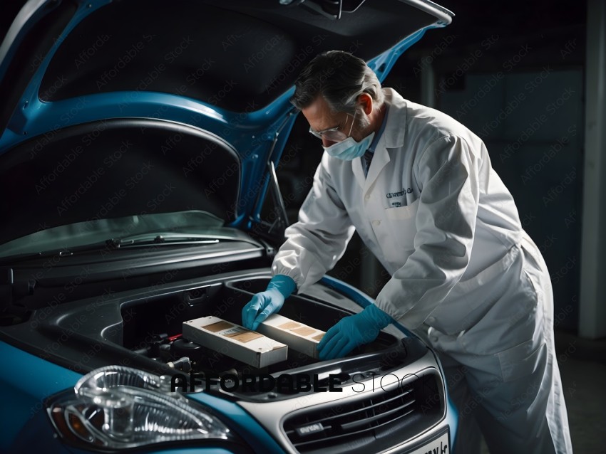 A man in a white lab coat examines a car's engine