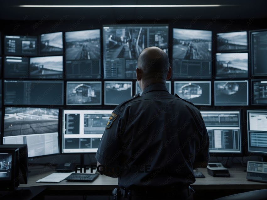 A police officer in a control room looking at multiple monitors