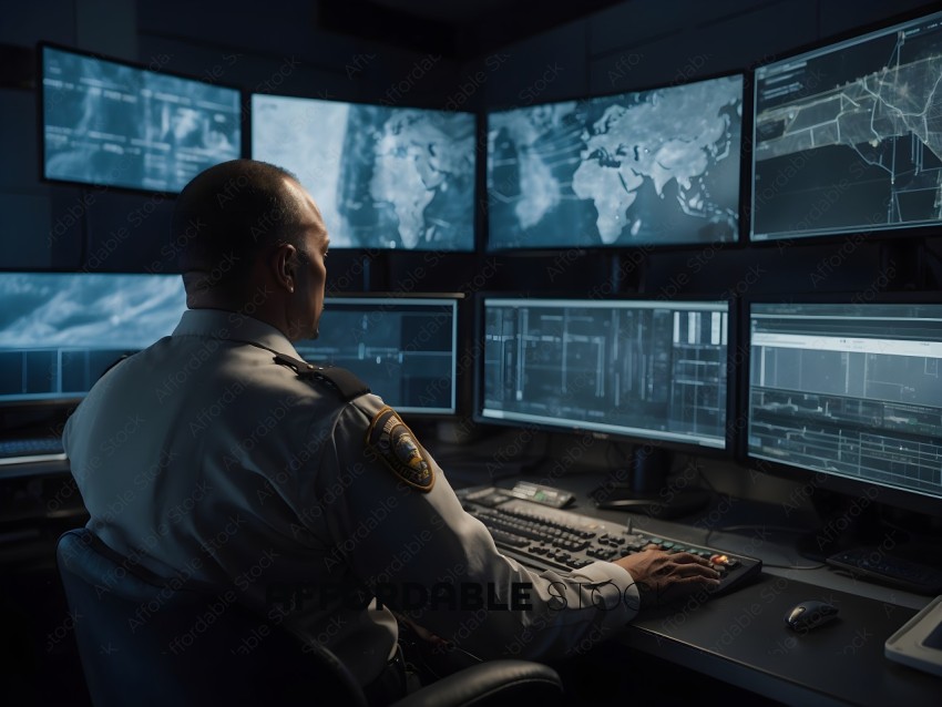 A man in a uniform is sitting at a desk with multiple monitors