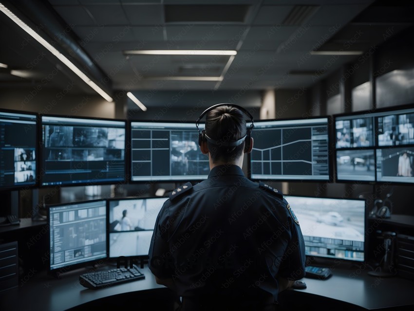A police officer in a control room with multiple monitors